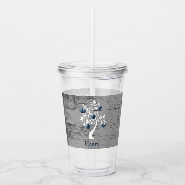 Blue Tree of Hearts Personalized Acrylic Tumbler (Front)
