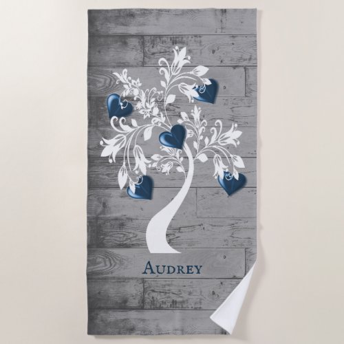 Blue Tree of Hearts Personalized Beach Towel