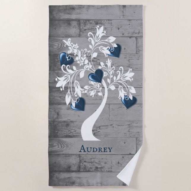 Blue Tree of Hearts Personalized Beach Towel (Front)