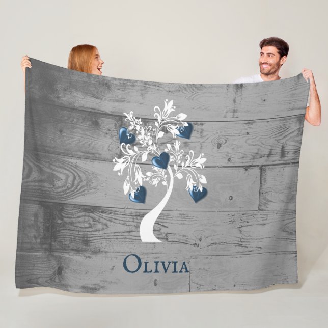 Blue Tree of Hearts Personalized Fleece Blanket (In Situ)