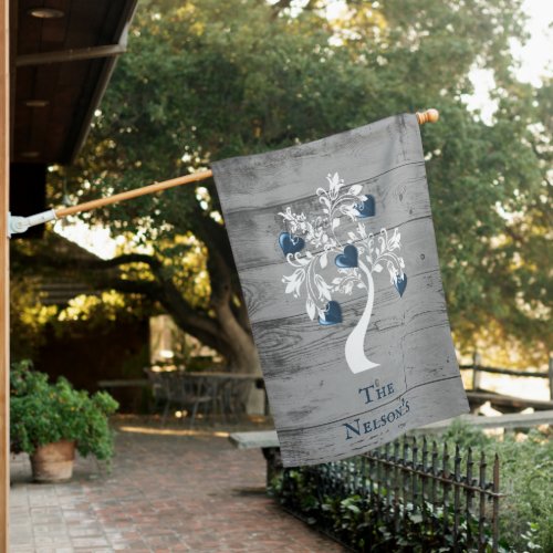 Blue Tree of Hearts Personalized House Flag