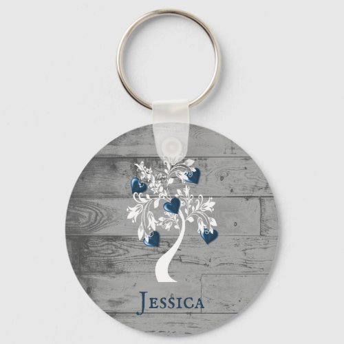 Blue Tree of Hearts Personalized Keychain