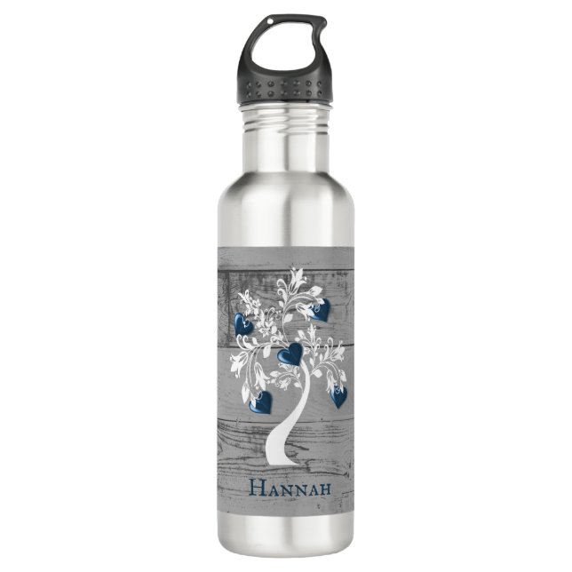 Blue Tree of Hearts Personalized Stainless Steel Water Bottle (Front)