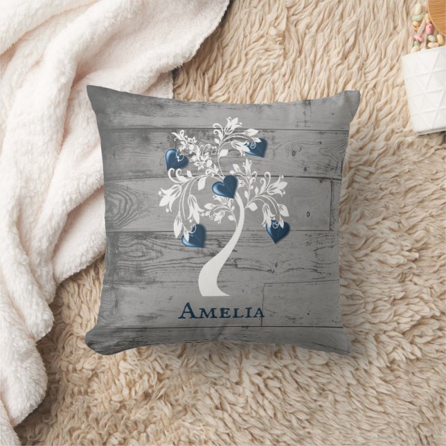 Blue Tree of Hearts Personalized Throw Pillow (Blanket)