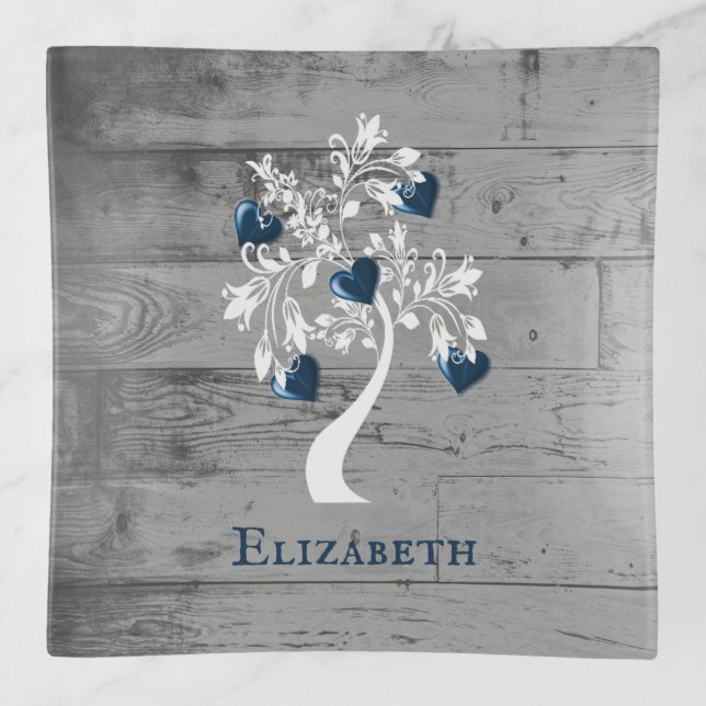 Blue Tree of Hearts Personalized Trinket Tray (Front)