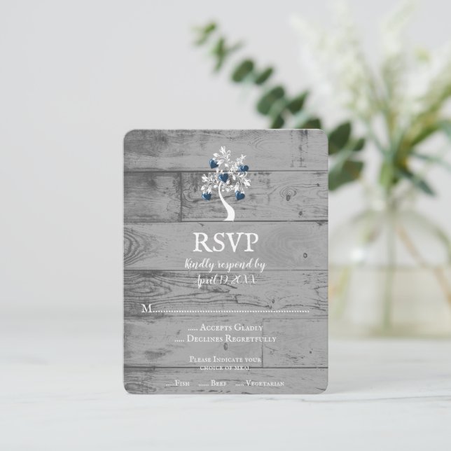Blue Tree of Hearts Wedding RSVP Card (Standing Front)