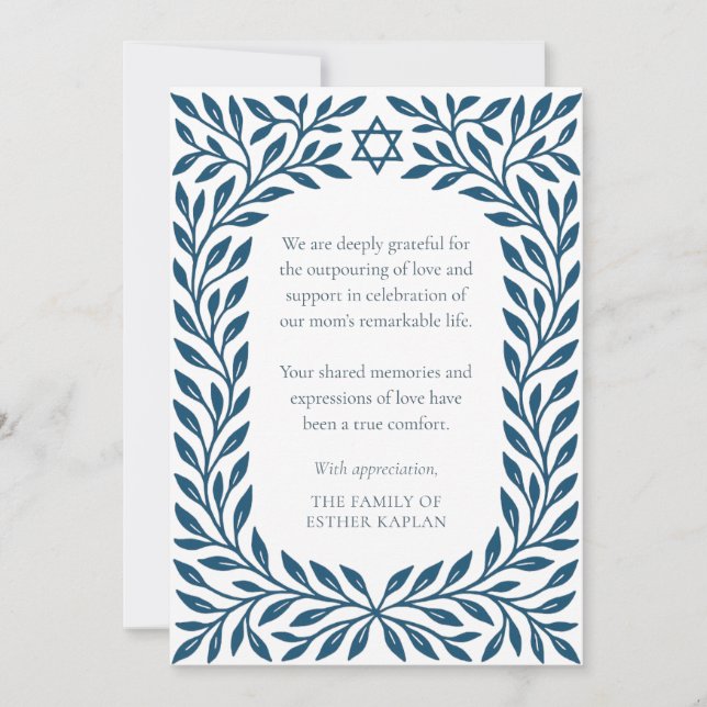 Blue Tree of Life Traditional Jewish Star Sympathy Thank You Card (Front)