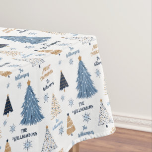 Blue Tree Pattern Modern Christmas Family Name Tablecloth