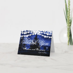 Blue Tree Twinkle Lights Wedding Thank You Cards