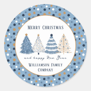 Blue Trees Dots Modern Text Christmas Holiday Classic Round Sticker