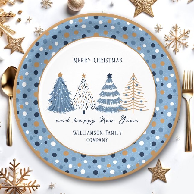 Blue Trees Dots Modern Text Christmas Holiday Paper Plates (Blue Trees Dots Modern Text Christmas Holiday Paper Plates)