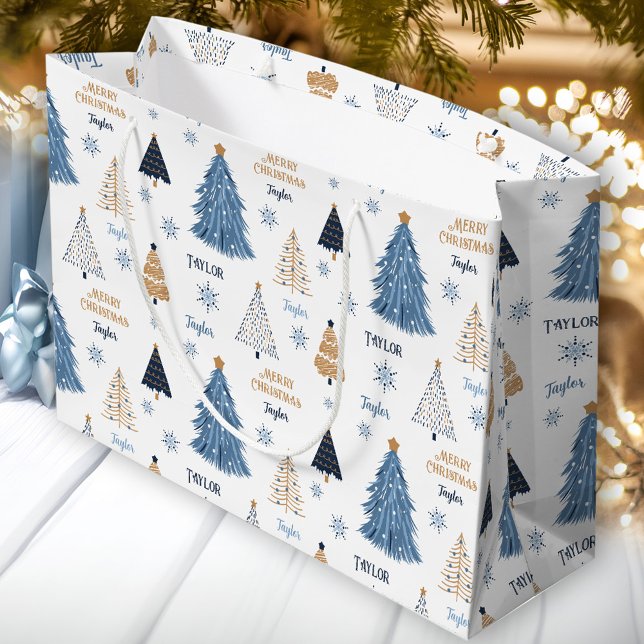 Blue Trees Modern Christmas Name Text Large Gift Bag (Blue Trees Modern Christmas Name Text Large Gift Bag)