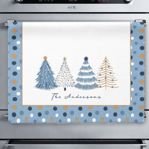 Blue Trees Modern Dots Christmas Holiday Name Kitchen Towel