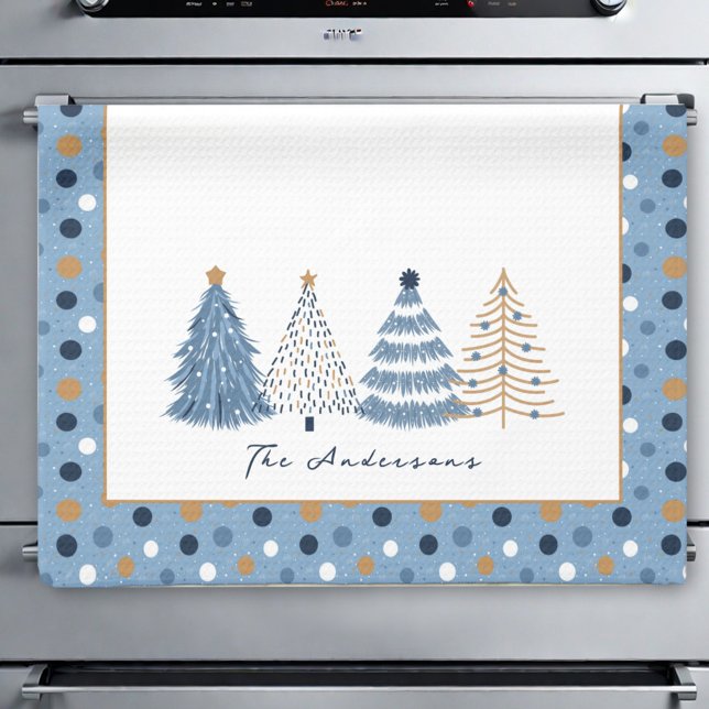 Blue Trees Modern Dots Christmas Holiday Name Kitchen Towel (Blue Trees Modern Dots Christmas Holiday Name Kitchen Towel)