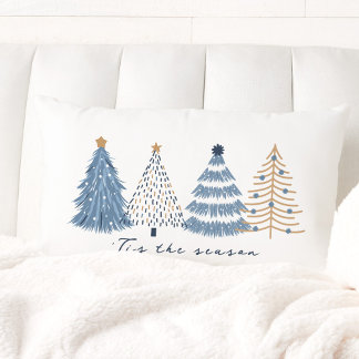 Blue Trees Modern Simple Christmas Holiday Lumbar Pillow