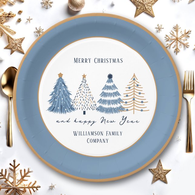 Blue Trees Modern Text Name Christmas Holiday Paper Plates (Blue Trees Modern Text Name Christmas Holiday Paper Plates)