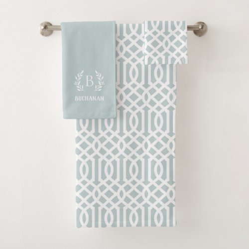 Blue Trellis and Branch Monogram Bath Towel Set