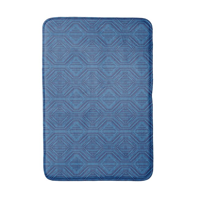 Blue Trellis Modern Stripe Squares and Diamonds Bath Mat (Front Vertical)