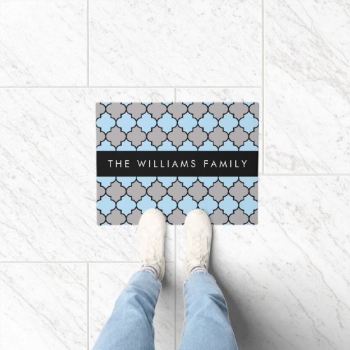 Blue Trellis Quatrefoil Latticework Your Name Doormat