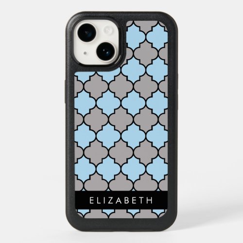 Blue Trellis Quatrefoil Latticework Your Name OtterBox iPhone 14 Case