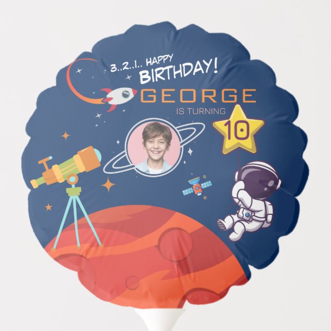 Blue Trendy Galaxy Astronaut Rocket Kids Birthday Balloon (Back)