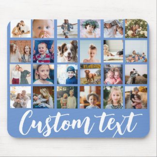 Blue trendy photo collage text script family mouse pad