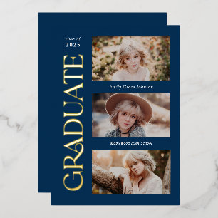 Blue Trendy Serif Multiple Photo Graduation Foil Invitation