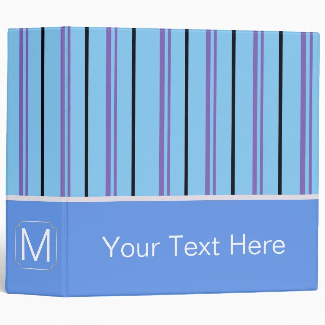 Blue Trendy Stripes Pattern. Custom Monogram 3 Ring Binder (Front/Spine)