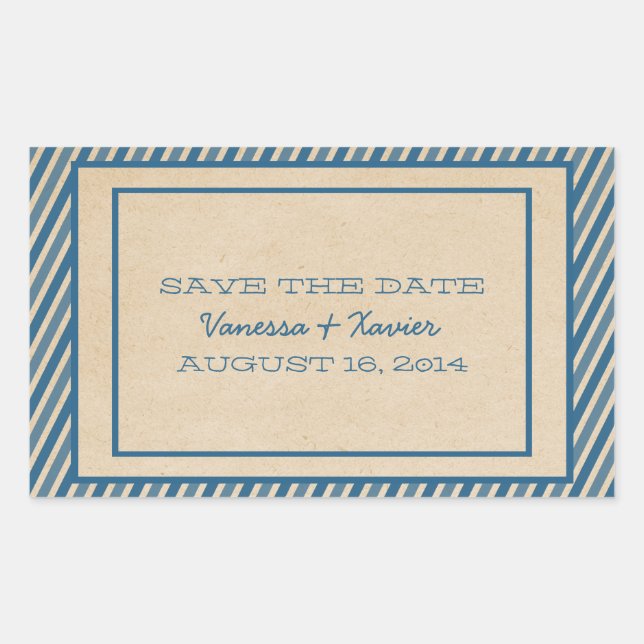 Blue Trendy Stripes Save the Date Stickers (Front)