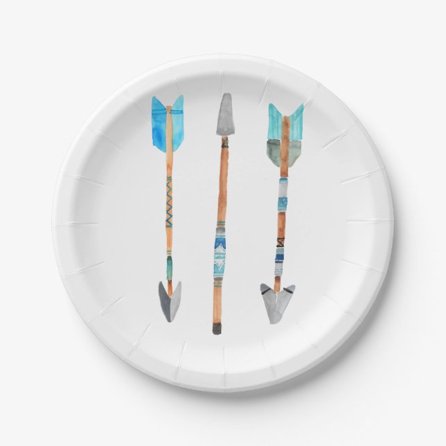 Blue tribal arrow birthday paper plate (Front)
