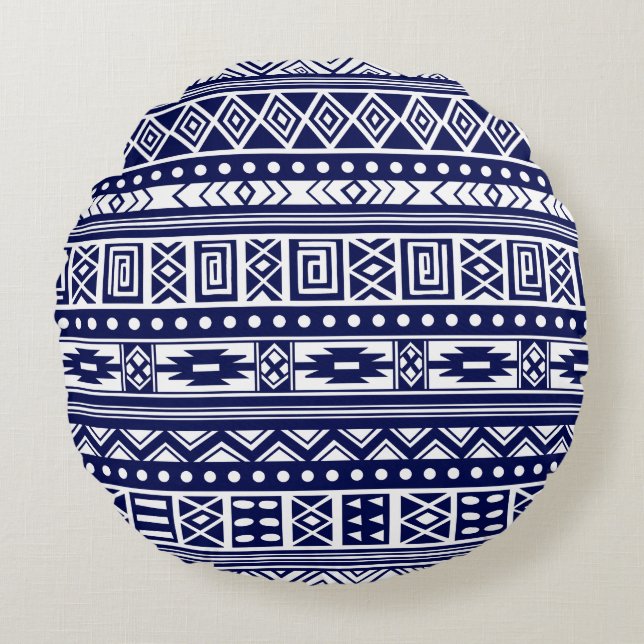 Blue Tribal Geometric Pattern Round Pillow (Front)
