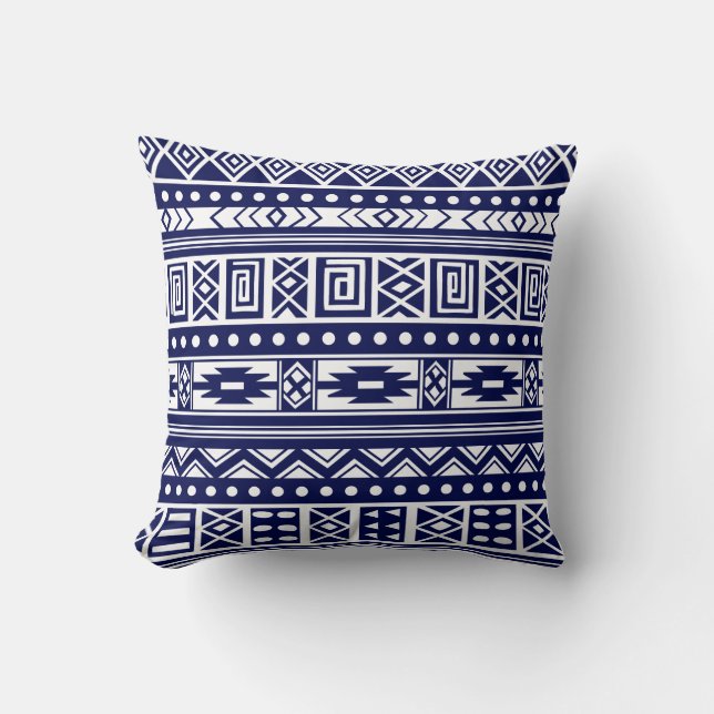 Blue Tribal Geometric Pattern Throw Pillow (Front)