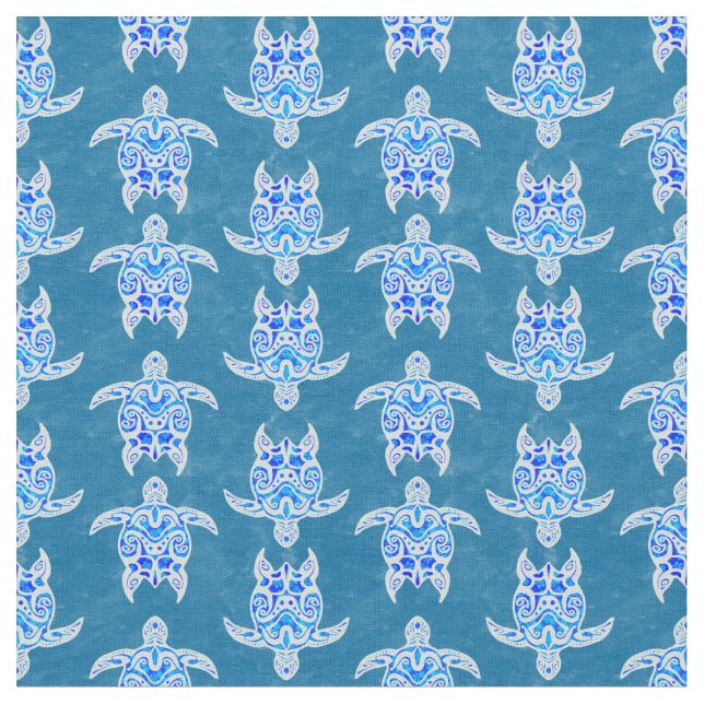 Blue Tribal Honu Sea Turtles Fabric (Close Up)