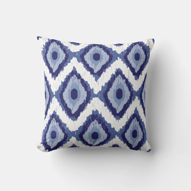 Blue Tribal Ikat Diamond White Chevron Throw Pillow (Front)