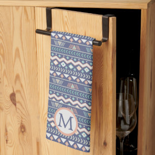 Blue Tribal Pattern Monogram Kitchen Towel