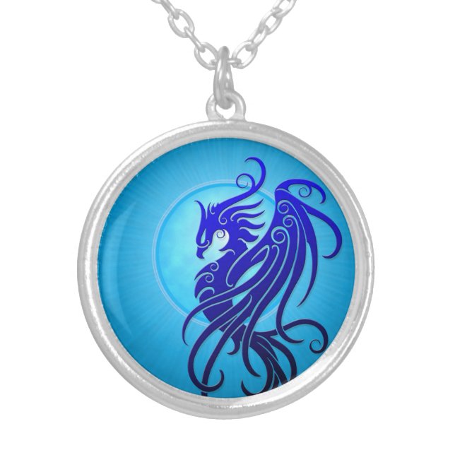 Blue Tribal Phoenix Silver Plated Necklace (Front)