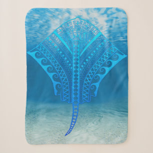 Blue Tribal Stingray Sherpa Blanket