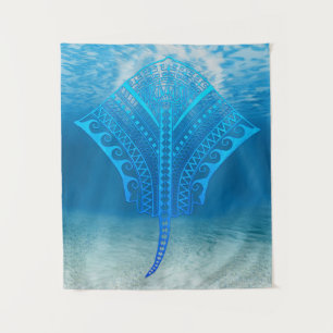 Blue Tribal Stingray Tapestry