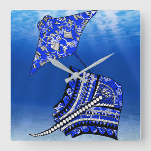 Blue Tribal Stingrays Square Wall Clock