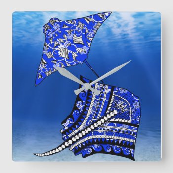 Blue Tribal Stingrays Square Wall Clock by BailOutIsland at Zazzle