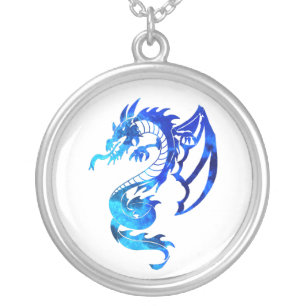 Blue Tribal Tattoo Dragon Silver Plated Necklace