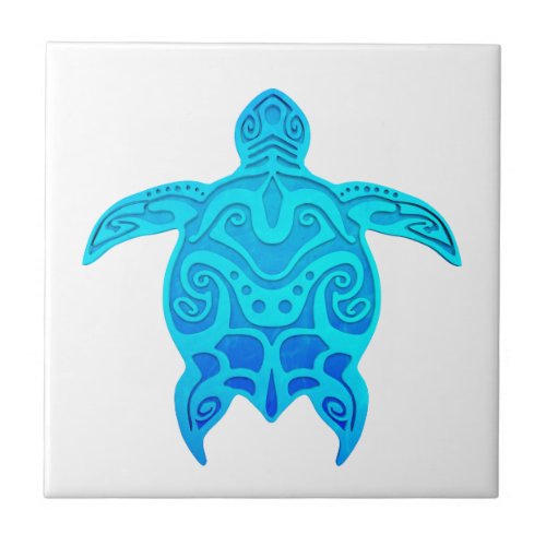 Blue Tribal Turtle Ceramic Tile