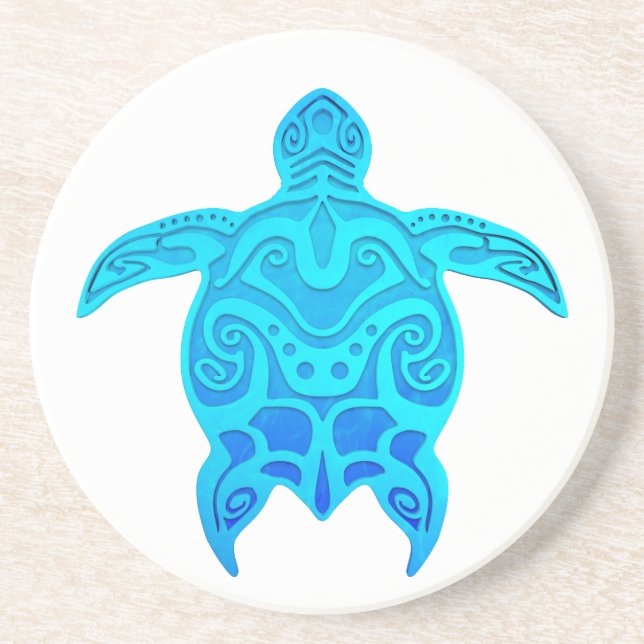 Blue Tribal Turtle Drink Coaster (Front)
