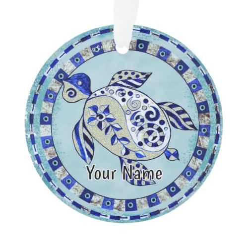 Blue Tribal Turtle Ornament