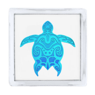 Blue Tribal Turtle Silver Finish Lapel Pin