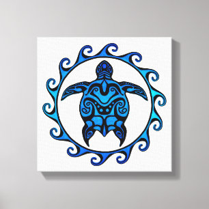 Blue Tribal Turtle Sun Canvas Print