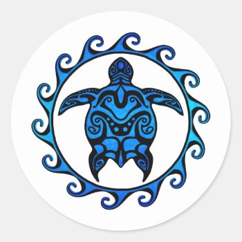 Blue Tribal Turtle Sun Classic Round Sticker by BailOutIsland at Zazzle