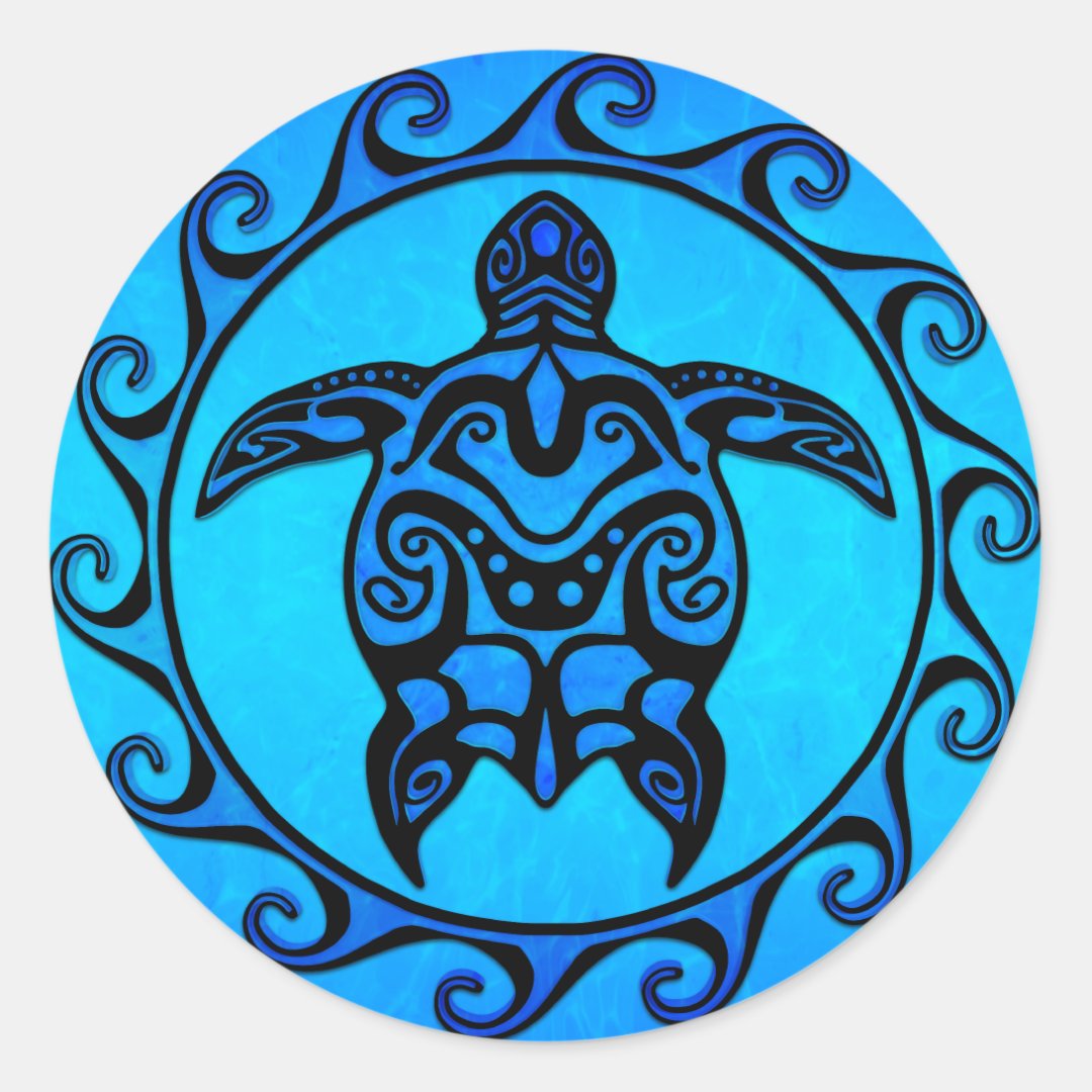 Blue Tribal Turtle Sun Classic Round Sticker | Zazzle