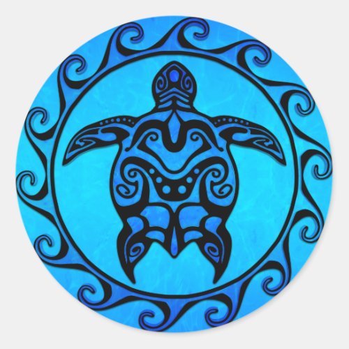 Blue Tribal Turtle Sun Classic Round Sticker