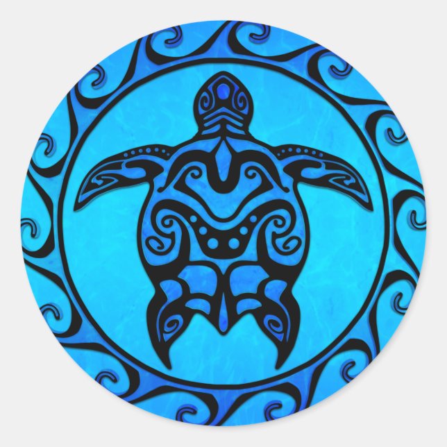 Blue Tribal Turtle Sun Classic Round Sticker (Front)